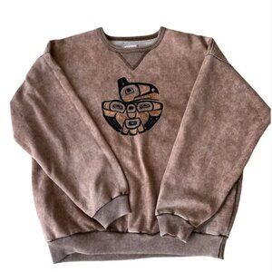 FUZZY STONEWASH Indigenous Eagle Native American Brown Pullover Sweatshirt Large